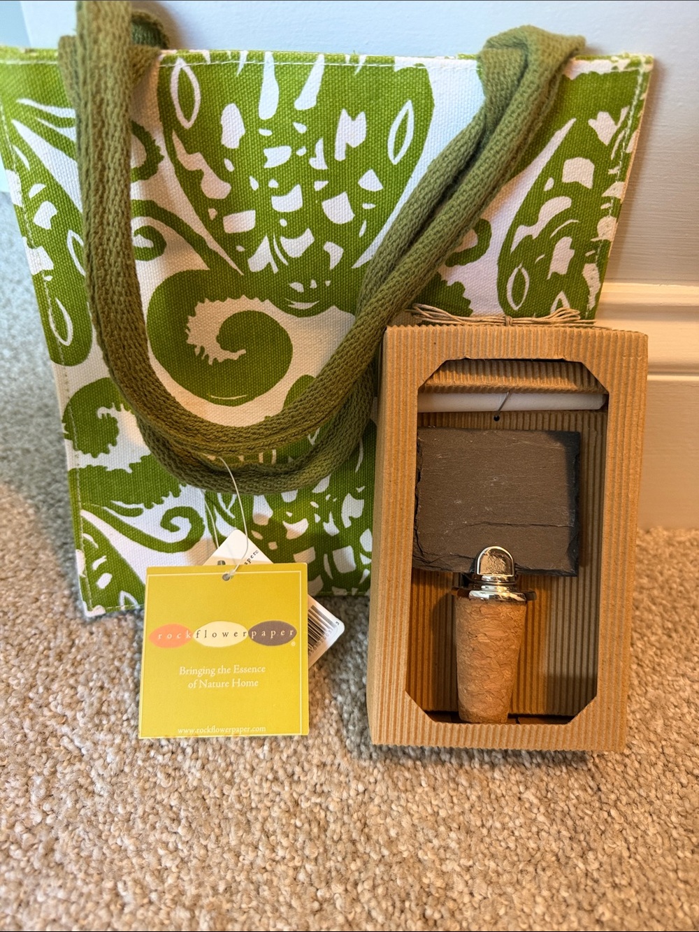 Rockflowerpaper Green and White Decorative Tote with Cork Bottle Stopper